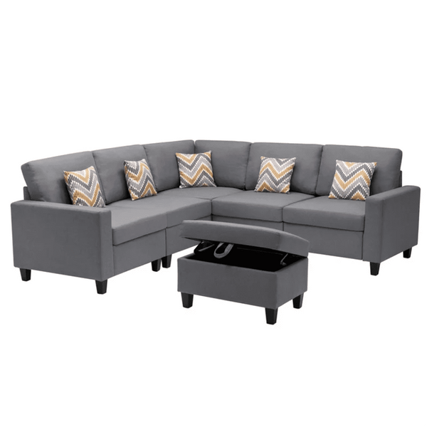 Nollon Linen Fabric Sectional Sofa with Pillows and Storage Ottoman - Oak Inside