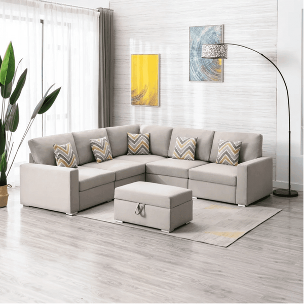 Nollon Linen Fabric Sectional Sofa with Pillows and Storage Ottoman - Oak Inside